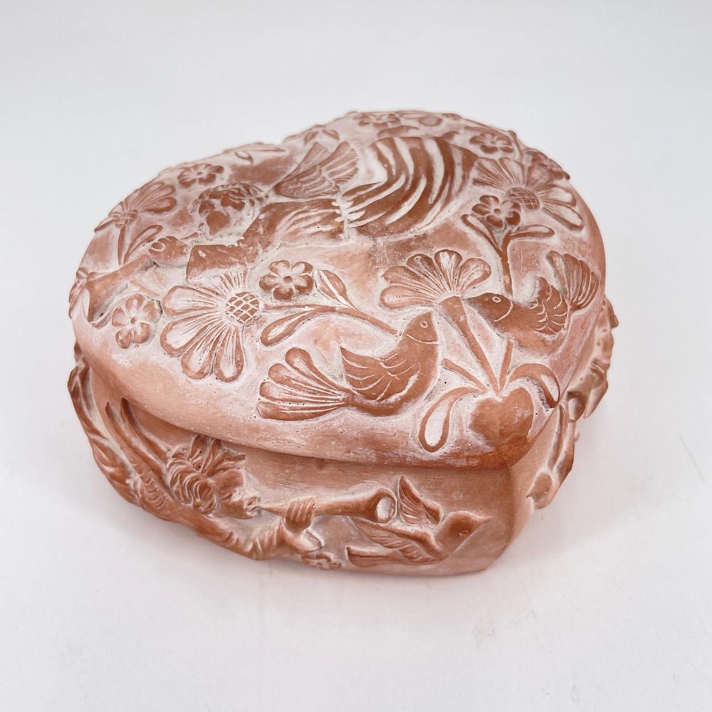 Vintage‎ Terracotta Heart Trinket Box Embossed Angel Bird Floral Lidded Korea
